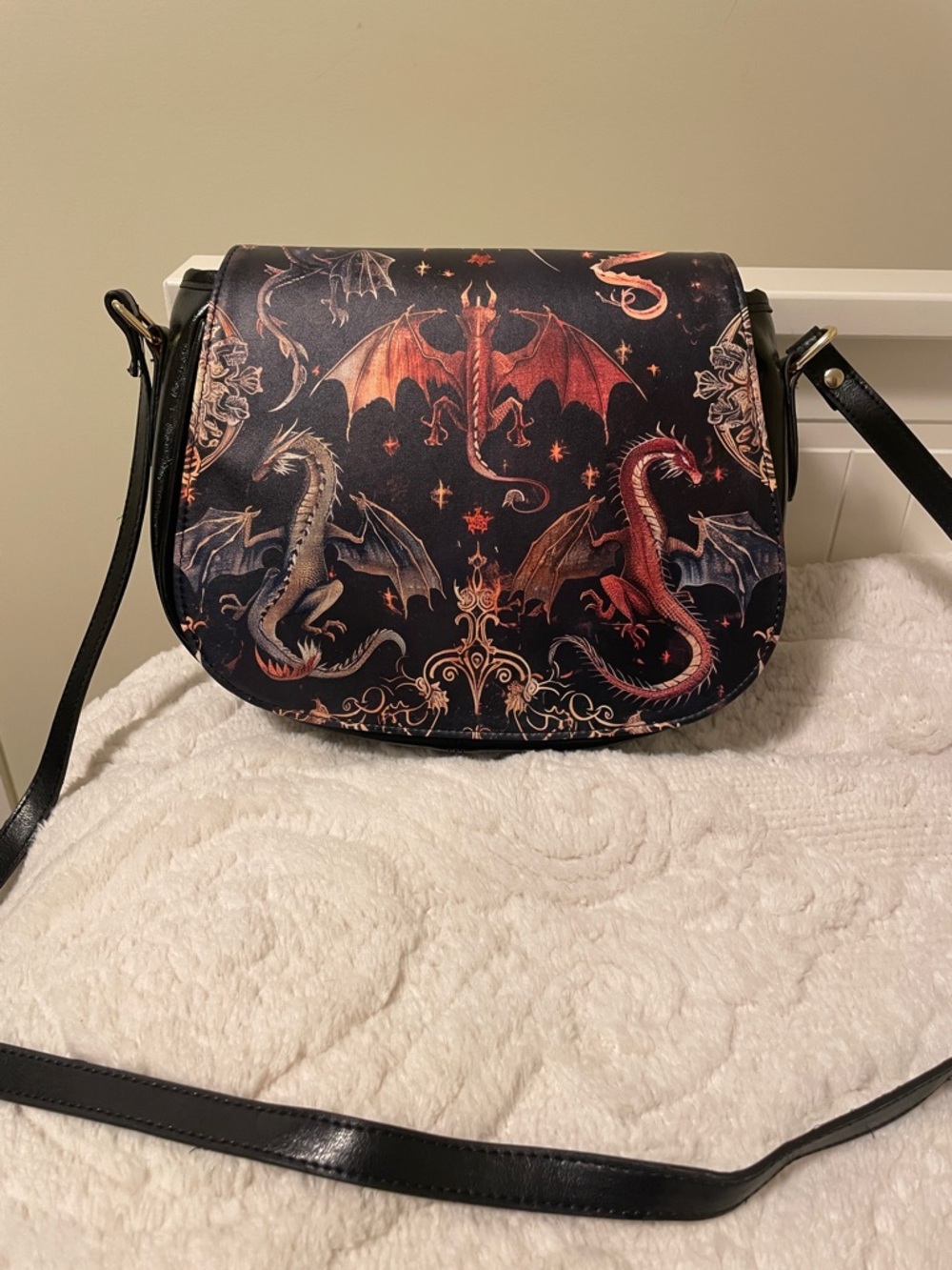 Dragon Motif Crossbody Saddle Bag - Black & Red Accent